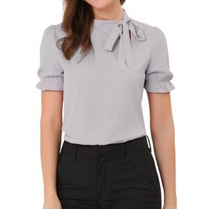 Bow Tie Neck Tops Elegant Office Short Sleeve Blouse Gray